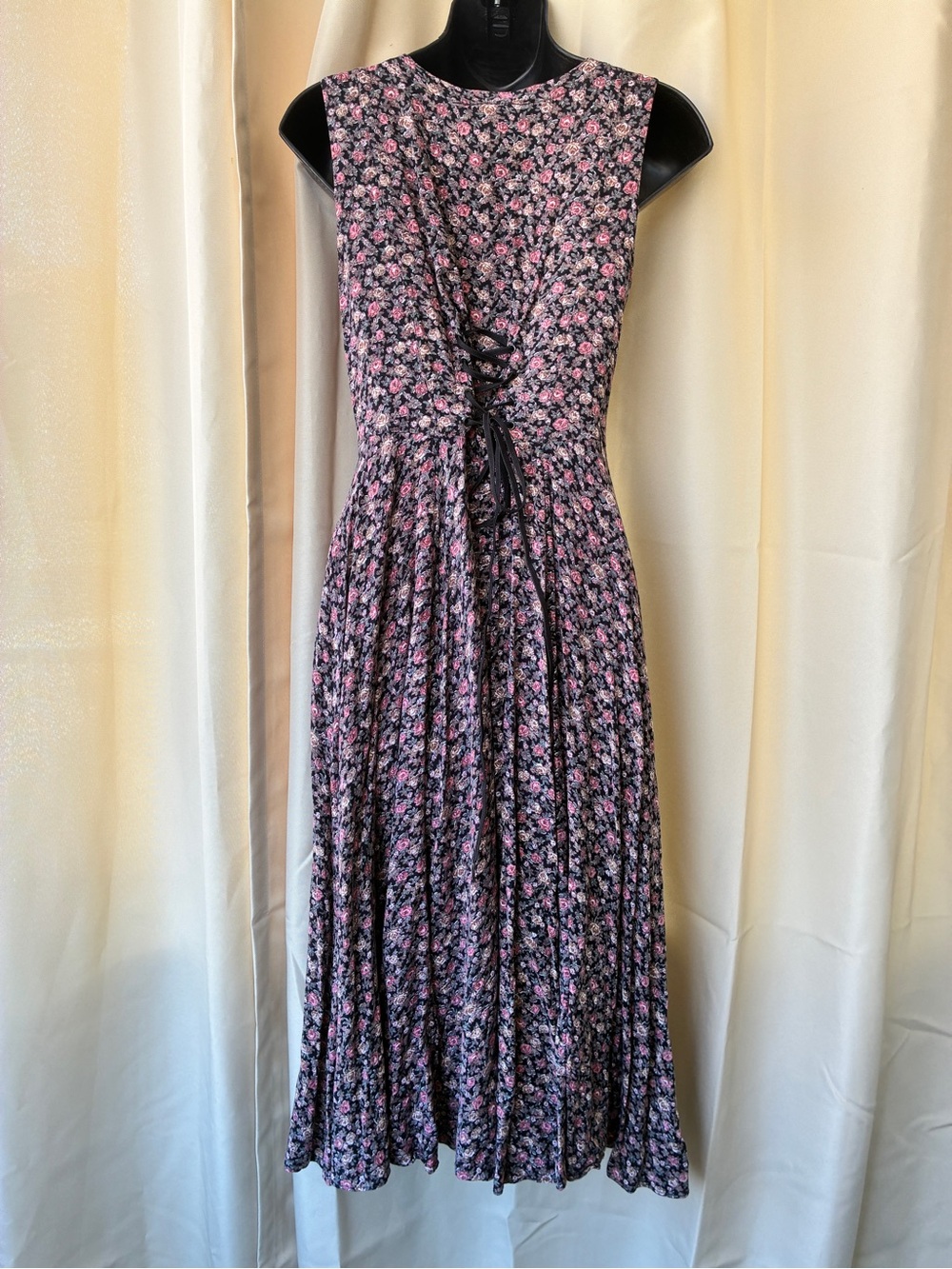 Vintage 90s Calico Print Midi Dress Corset Lace-up Coquette Grunge Whimsigoth - Picture 8 of 13